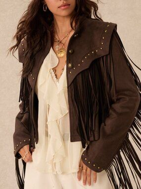 Brown Casual Women's Bohemian Rivet Fringe Loose Structured Jacket